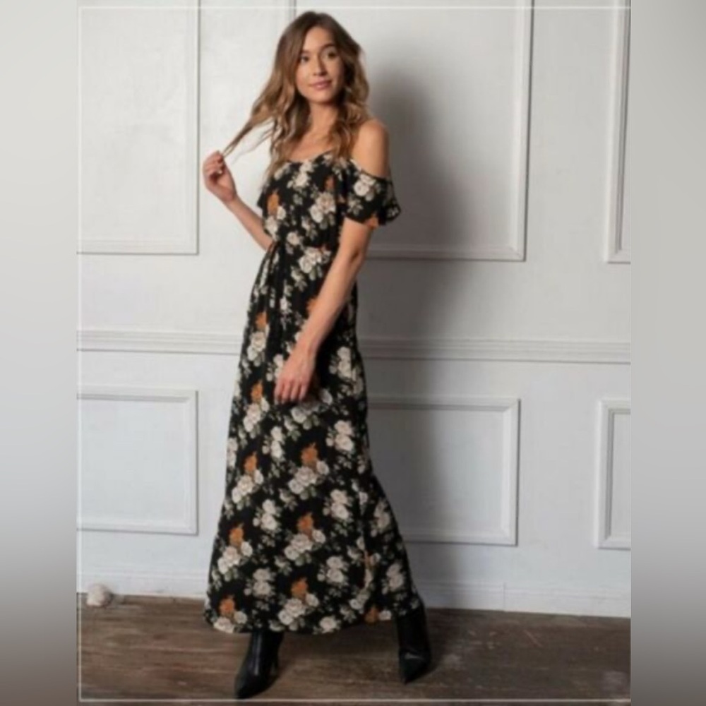 0336 • Duets Black Floral Print Cold-Shoulder Maxi Dress w/ Drawstrings